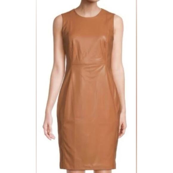 CALVIN KLEIN Faux Leather Sleeveless Midi Sheath Dress 8 Caramel Tan -  www.laplaya.ma